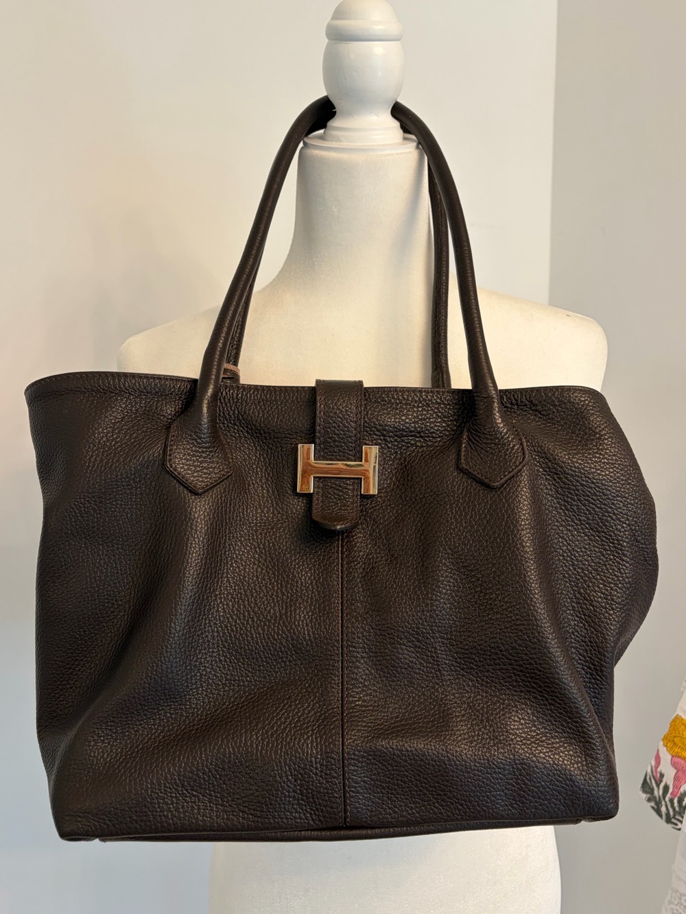 Courage B Dark Brown Leather Tote with 'H' Clasp